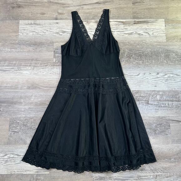 Vintage Black Lace Trim Slip Dress - Size M - Picture 2 of 6